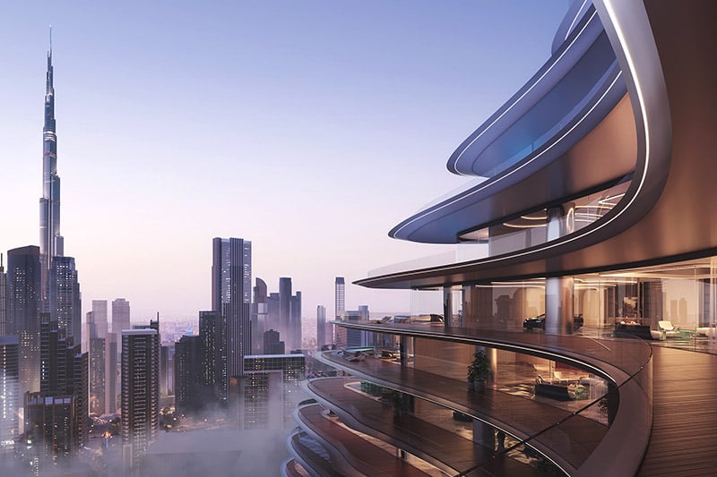 Bugatti Residences by Binghatti overlooking the Dubai skyline