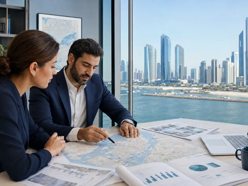Analysts reviewing Abu Dhabi property-market data and a city map