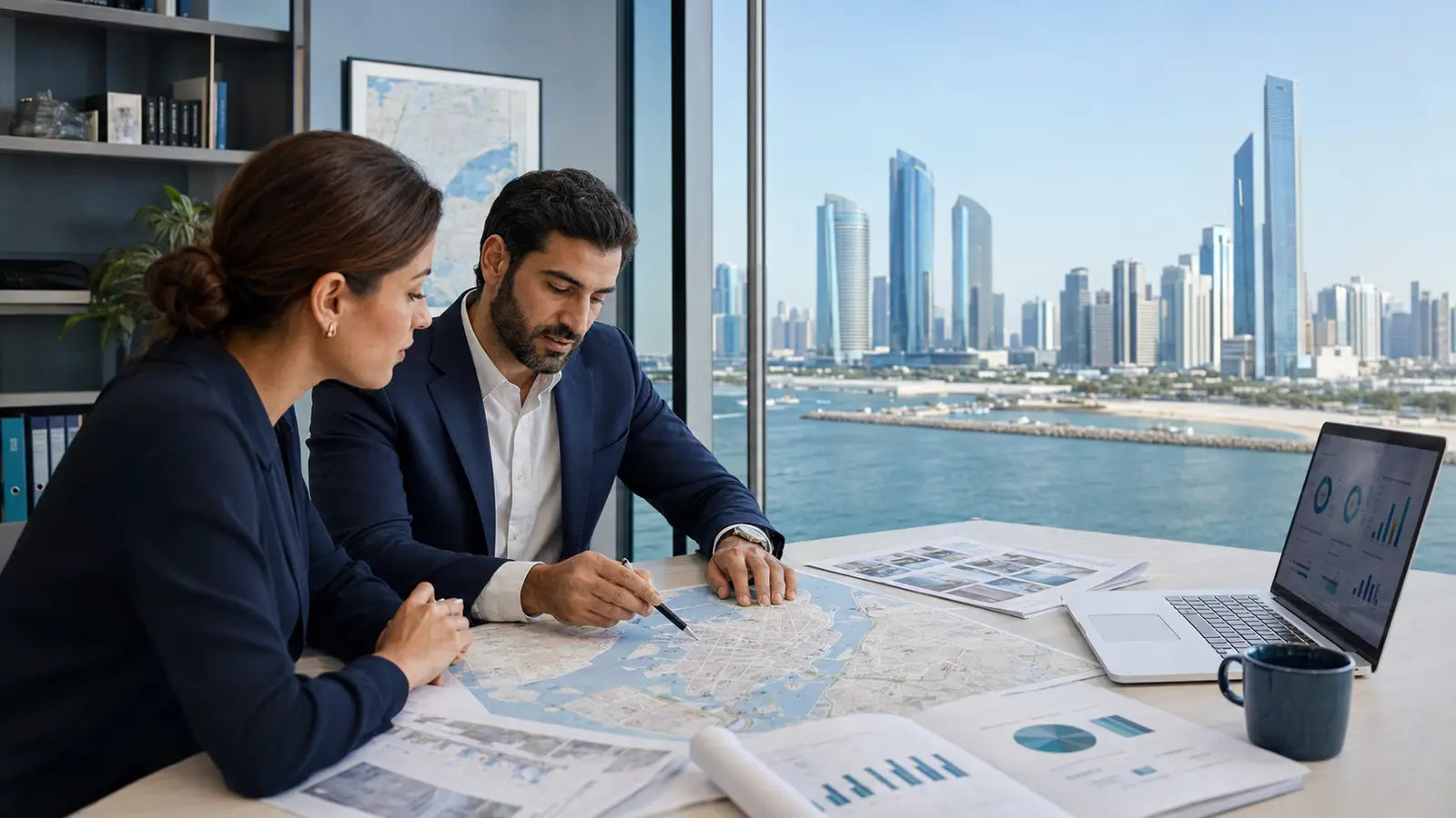 Property market analysts reviewing Abu Dhabi project data and a city map