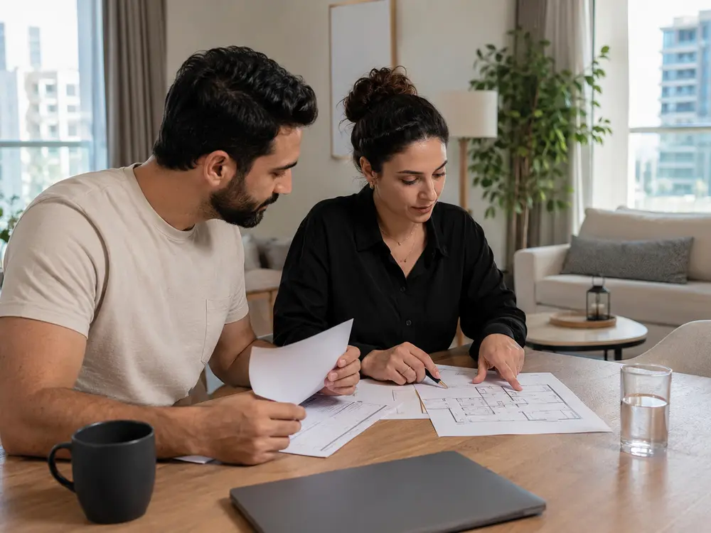 Dubai residents reviewing tenancy papers before sharing an apartment
