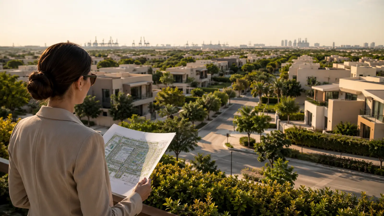 Property analyst reviewing a community plan above landscaped homes in Jebel Ali Village