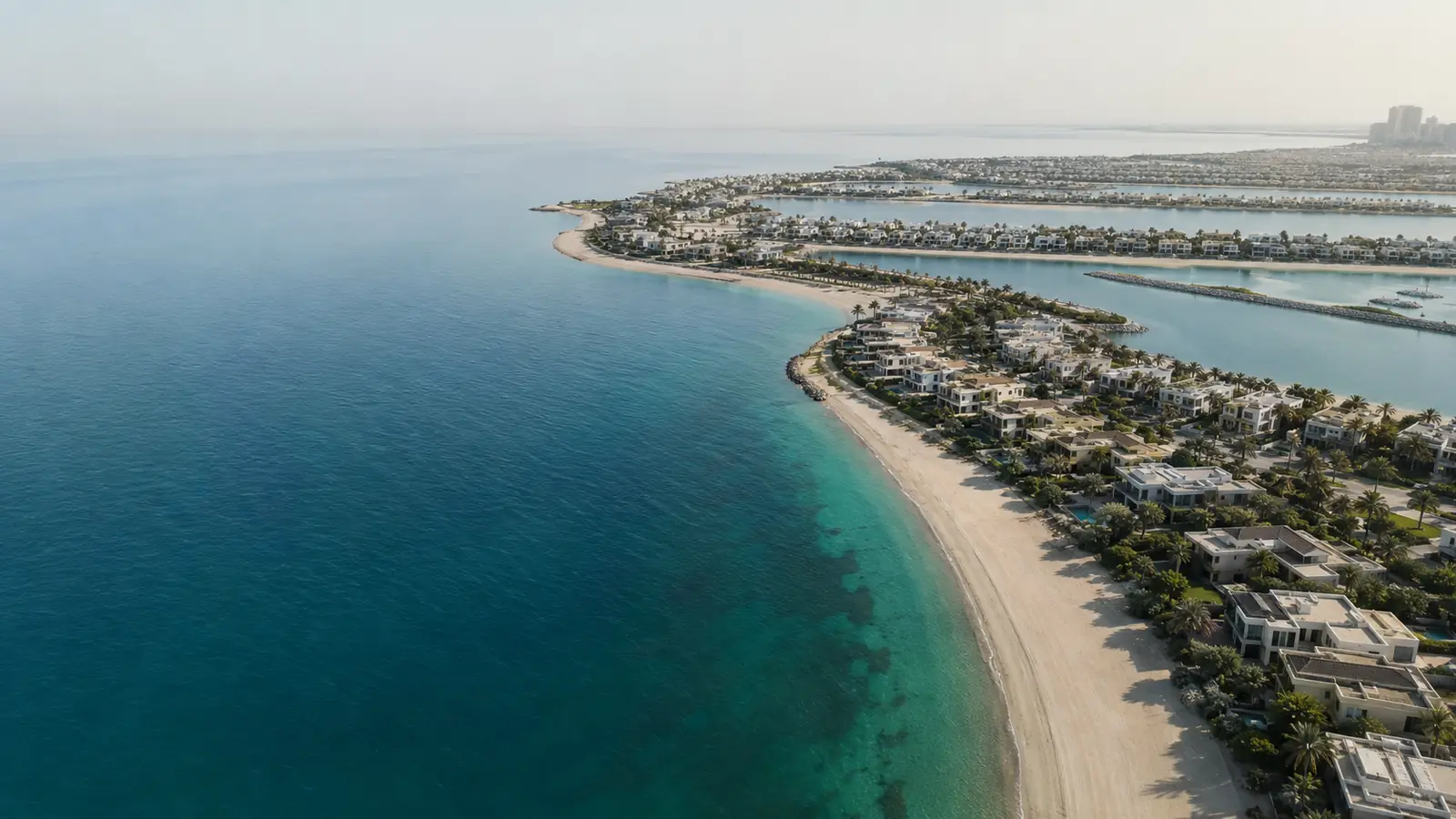 Aerial view of a premium Dubai island coastline representing Nakheel waterfront property