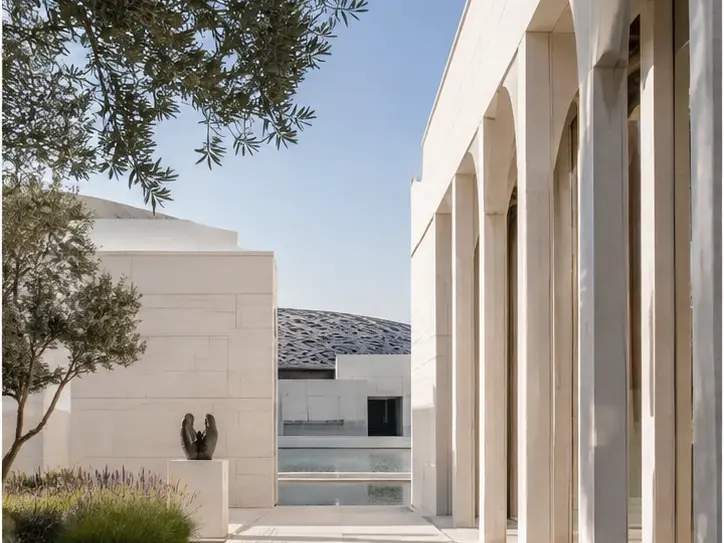Representative cultural-district residences with pale stone colonnades