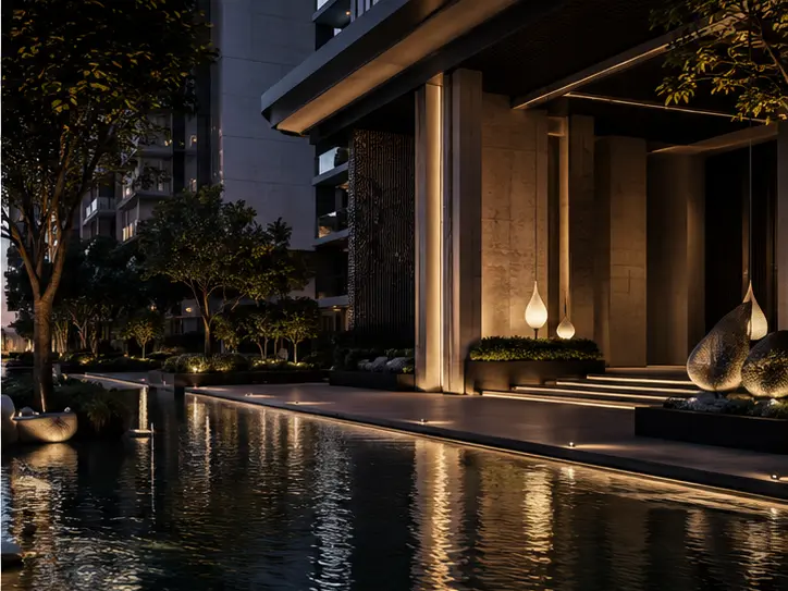 Representative hospitality-inspired apartment arrival with water features