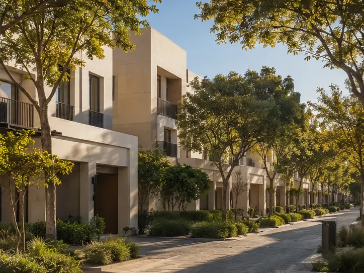 Representative contemporary family townhouses in a landscaped Dubai community