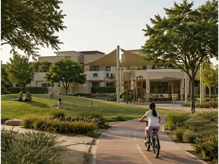 Representative green community park with cycling path and family pavilion