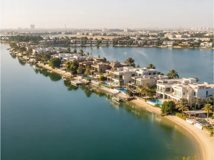 Representative low-rise waterfront residences around a protected Dubai island lagoon