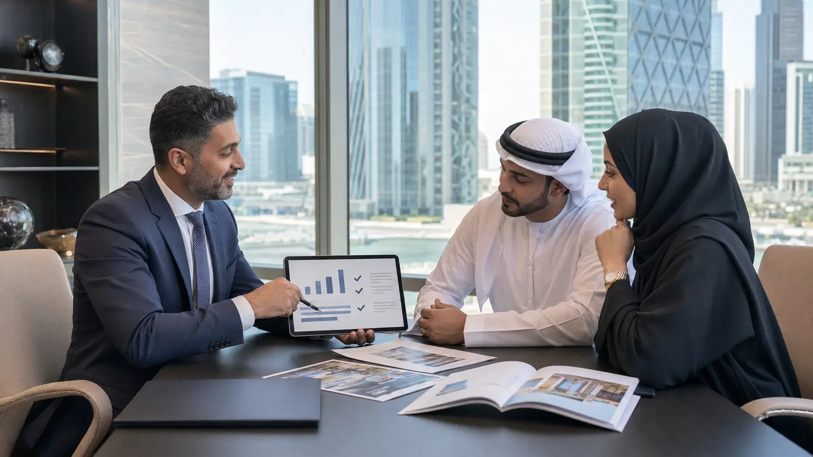 Abu Dhabi property adviser reviewing broker performance information with clients