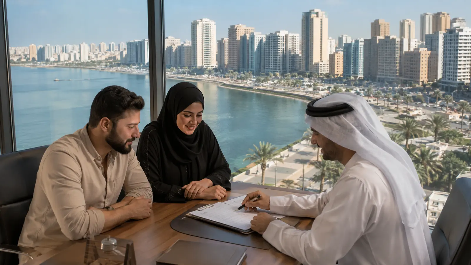 Tenant and adviser reviewing an Ajman apartment rental contract