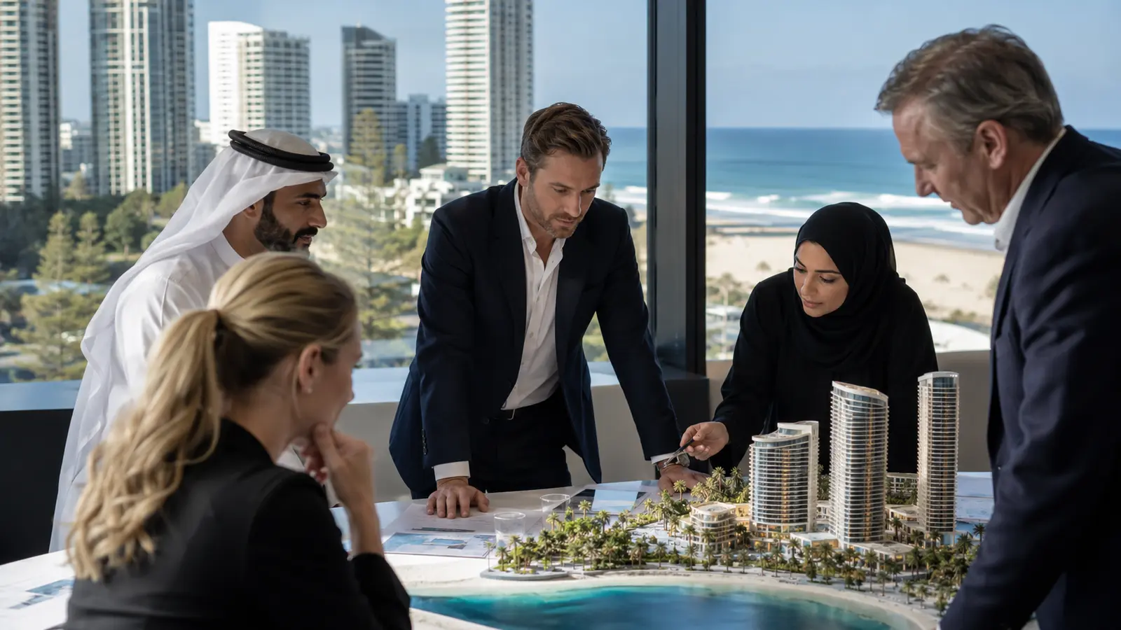 UAE and Australian team reviewing a Broadbeach waterfront development model