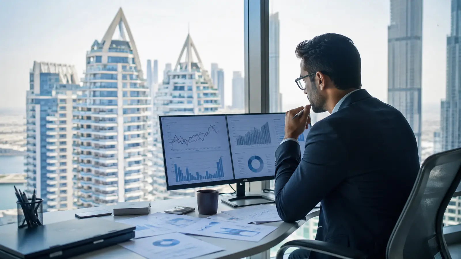 Credit analyst reviewing developer financial information beside Dubai towers
