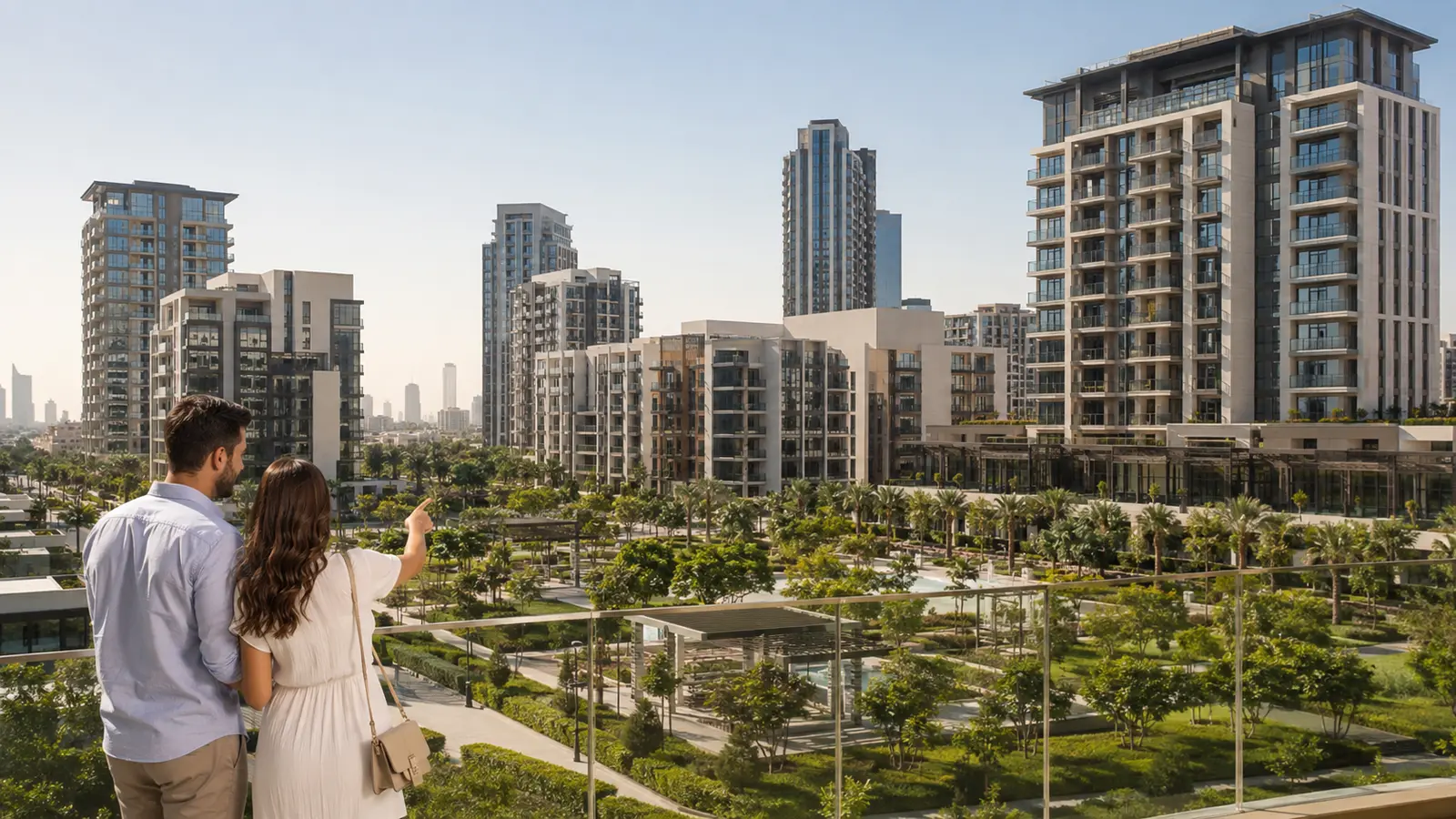 Buyers comparing newly completed homes across a Dubai residential district