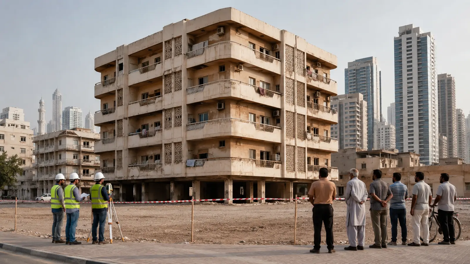 Surveyors assessing an older Dubai building ahead of redevelopment