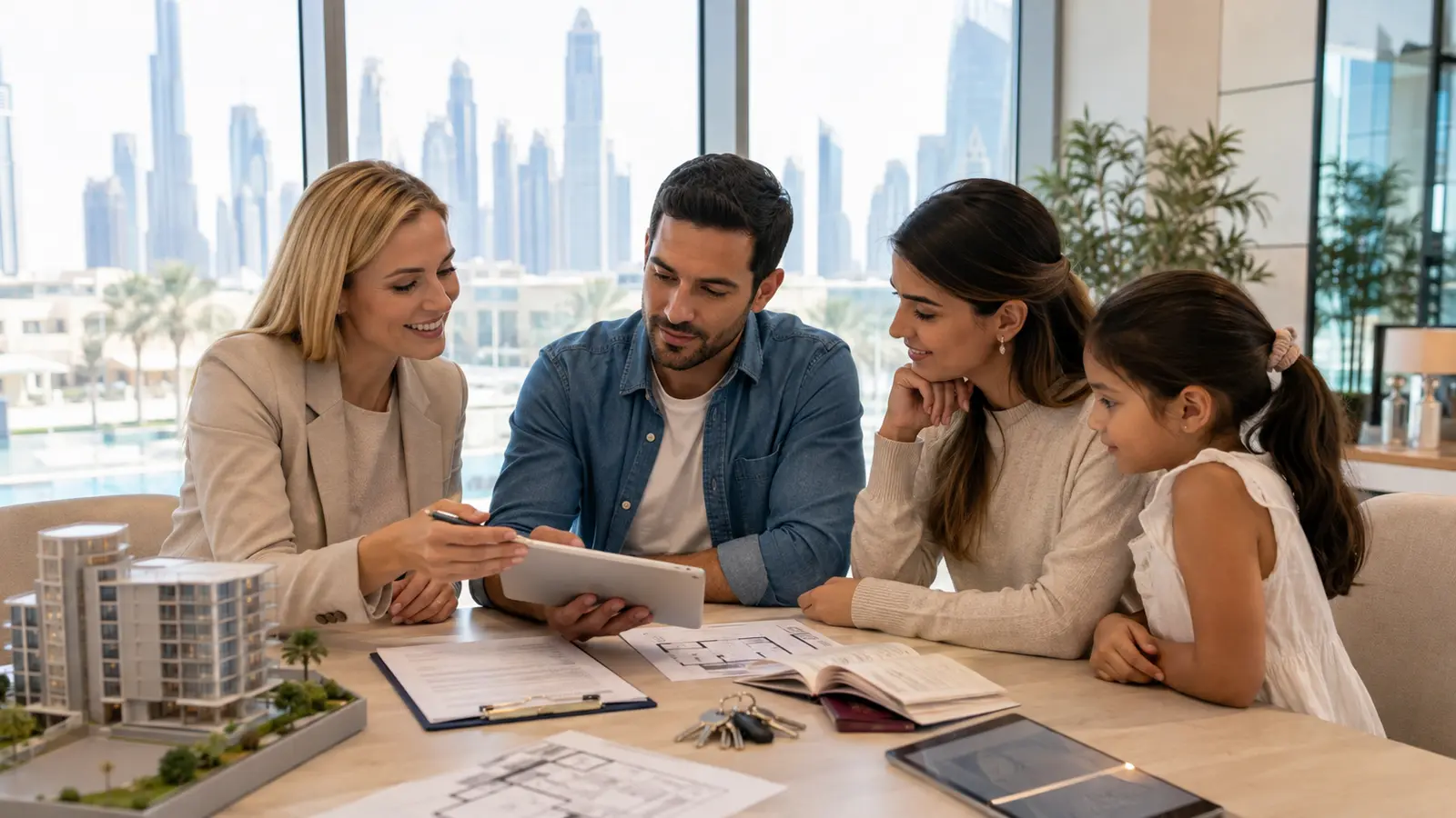 Family discussing Dubai homebuying access with a property adviser