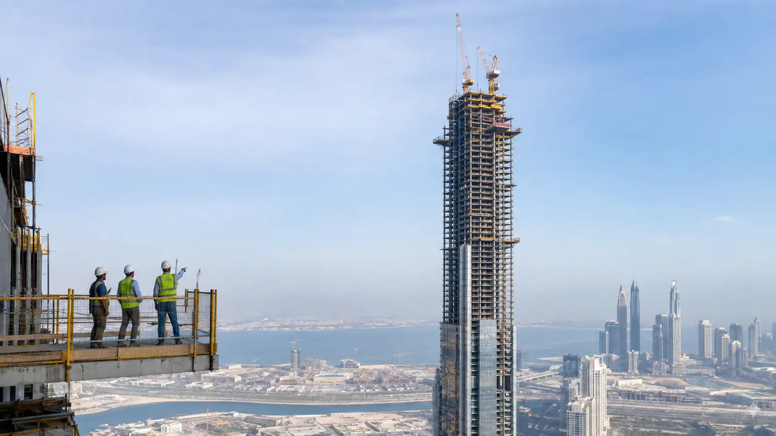 Workers on the active structure of a Dubai supertall tower