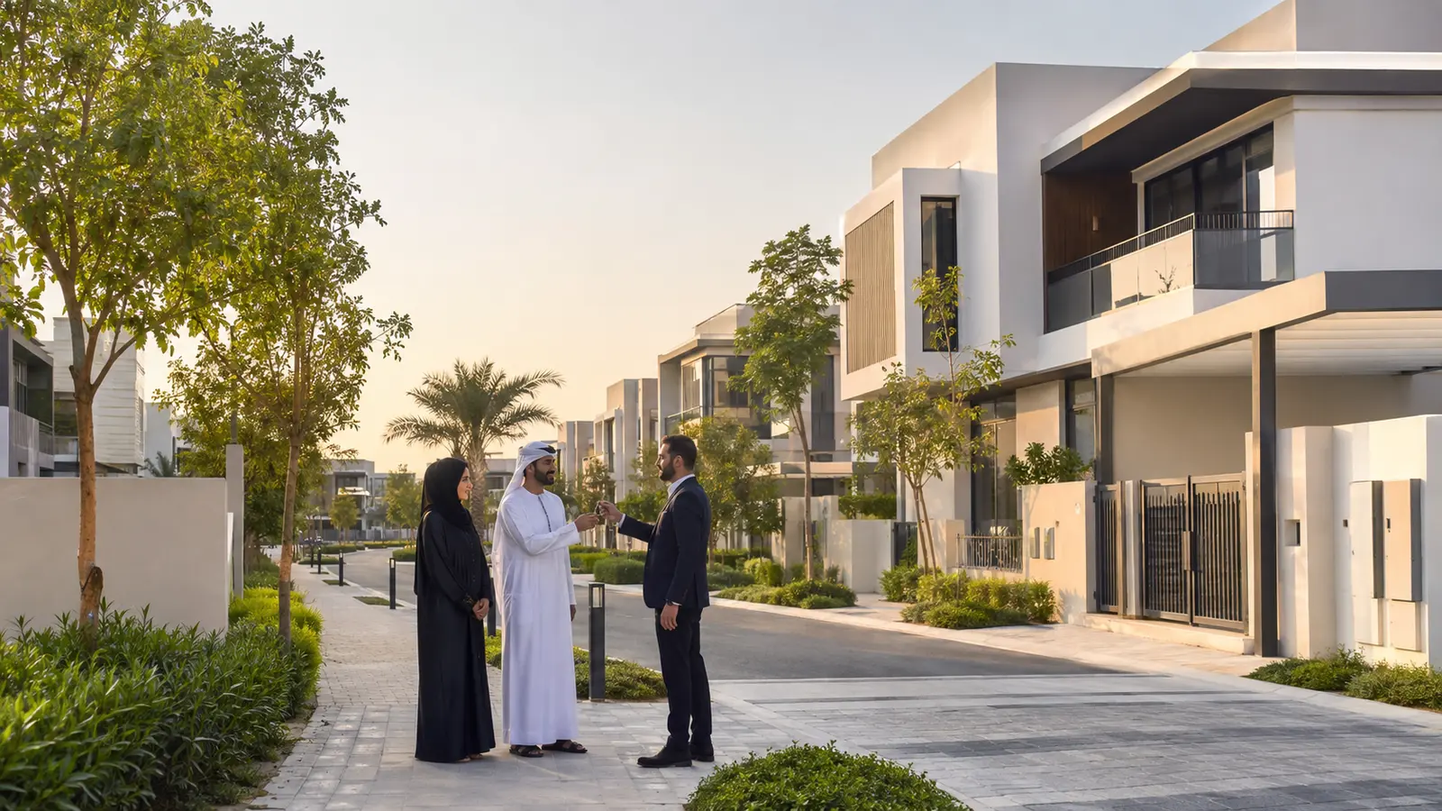 Completed villas on a landscaped street at Jebel Ali Village during handover