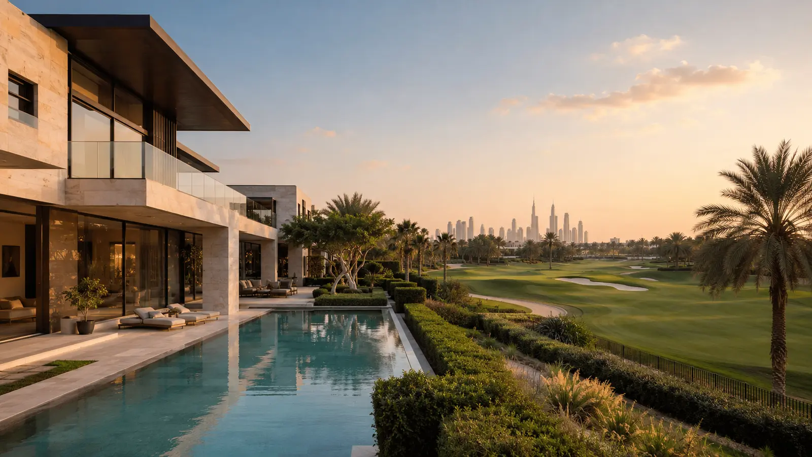 Contemporary golf-course villa in Jumeirah Golf Estates at sunset
