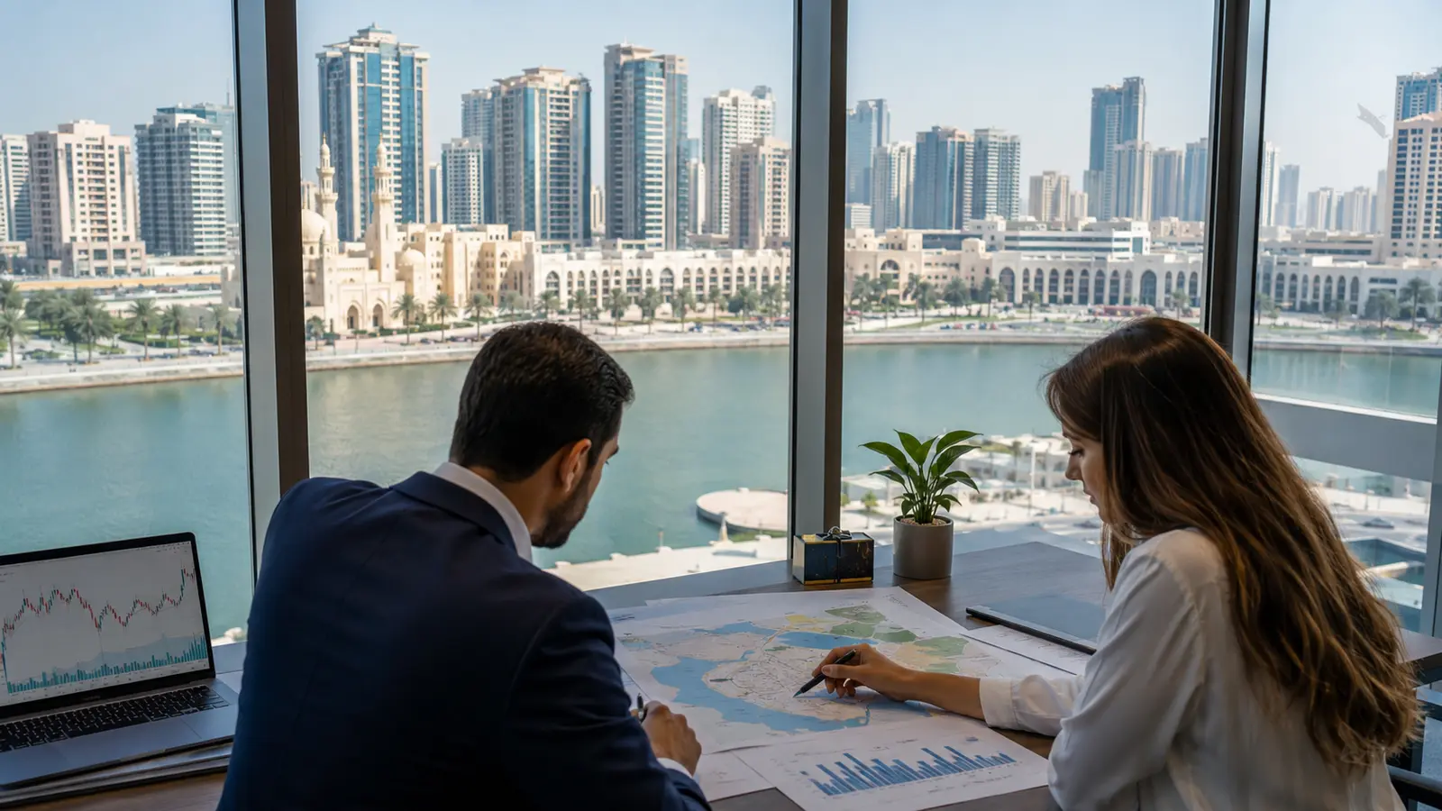 Property analysts reviewing Sharjah waterfront transaction evidence