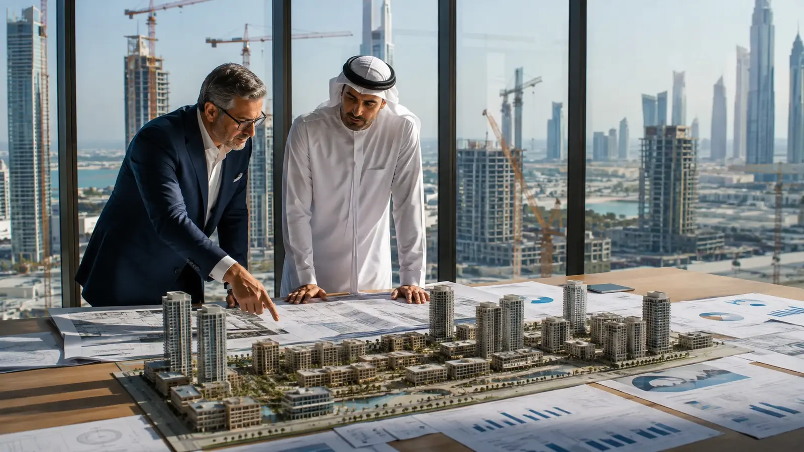 UAE developer executives reviewing a portfolio of residential projects