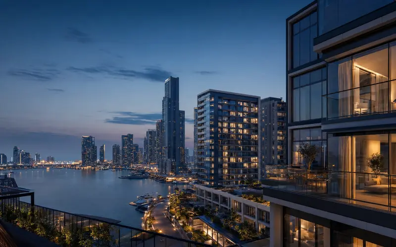 UAE waterfront residential towers at blue hour