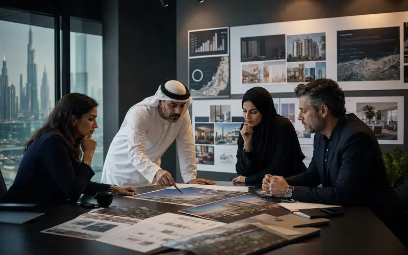 Dubai real estate marketing team reviewing a property campaign