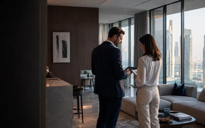 Property adviser and owner preparing a Dubai apartment for sale